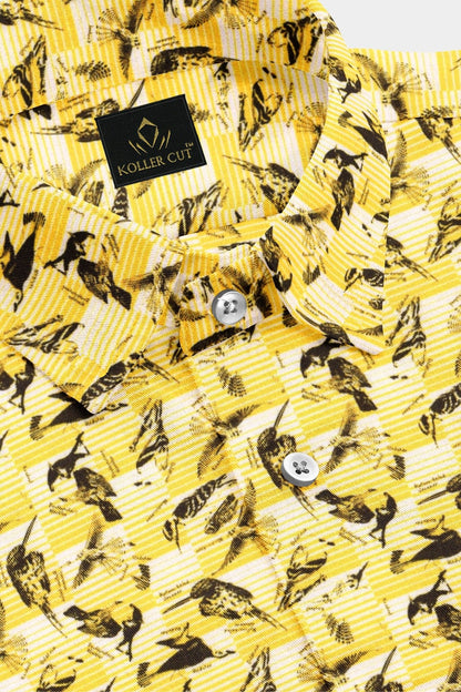 Freesia Yellow and Black Kingfisher Printed Premium Cotton Shirt