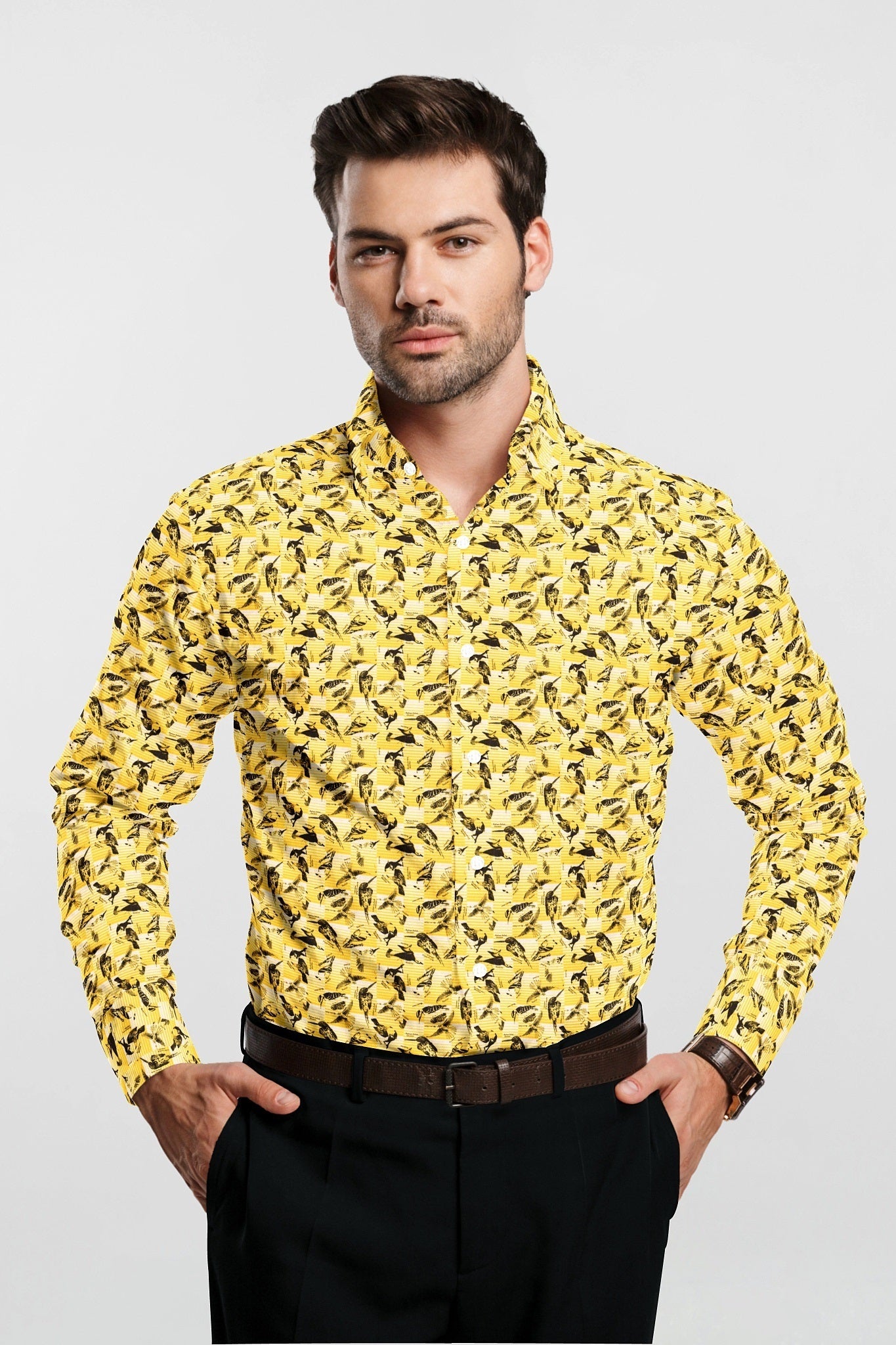 Freesia Yellow and Black Kingfisher Printed Premium Cotton Shirt