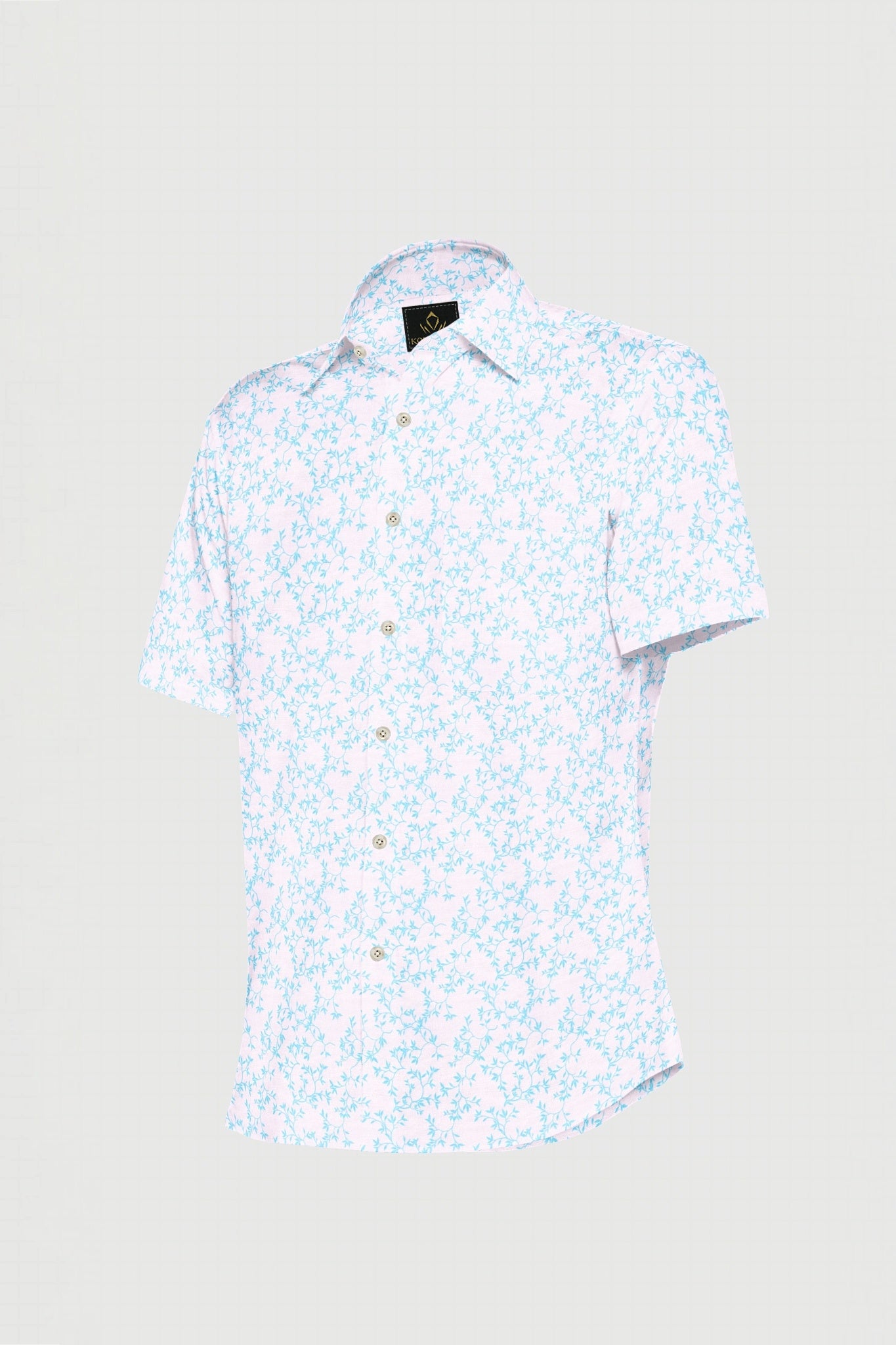 White and Turquoise Blue Pecan Leaf Printed Cotton Shirt