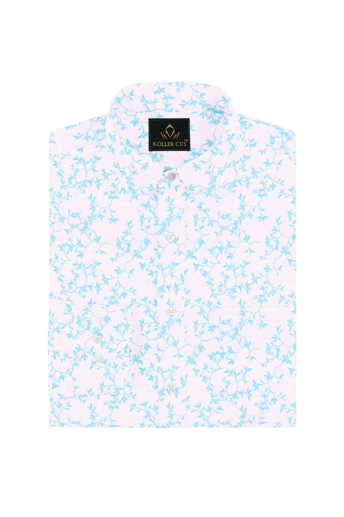 White and Turquoise Blue Pecan Leaf Printed Cotton Shirt