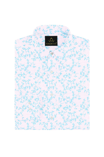 White and Turquoise Blue Pecan Leaf Printed Cotton Shirt
