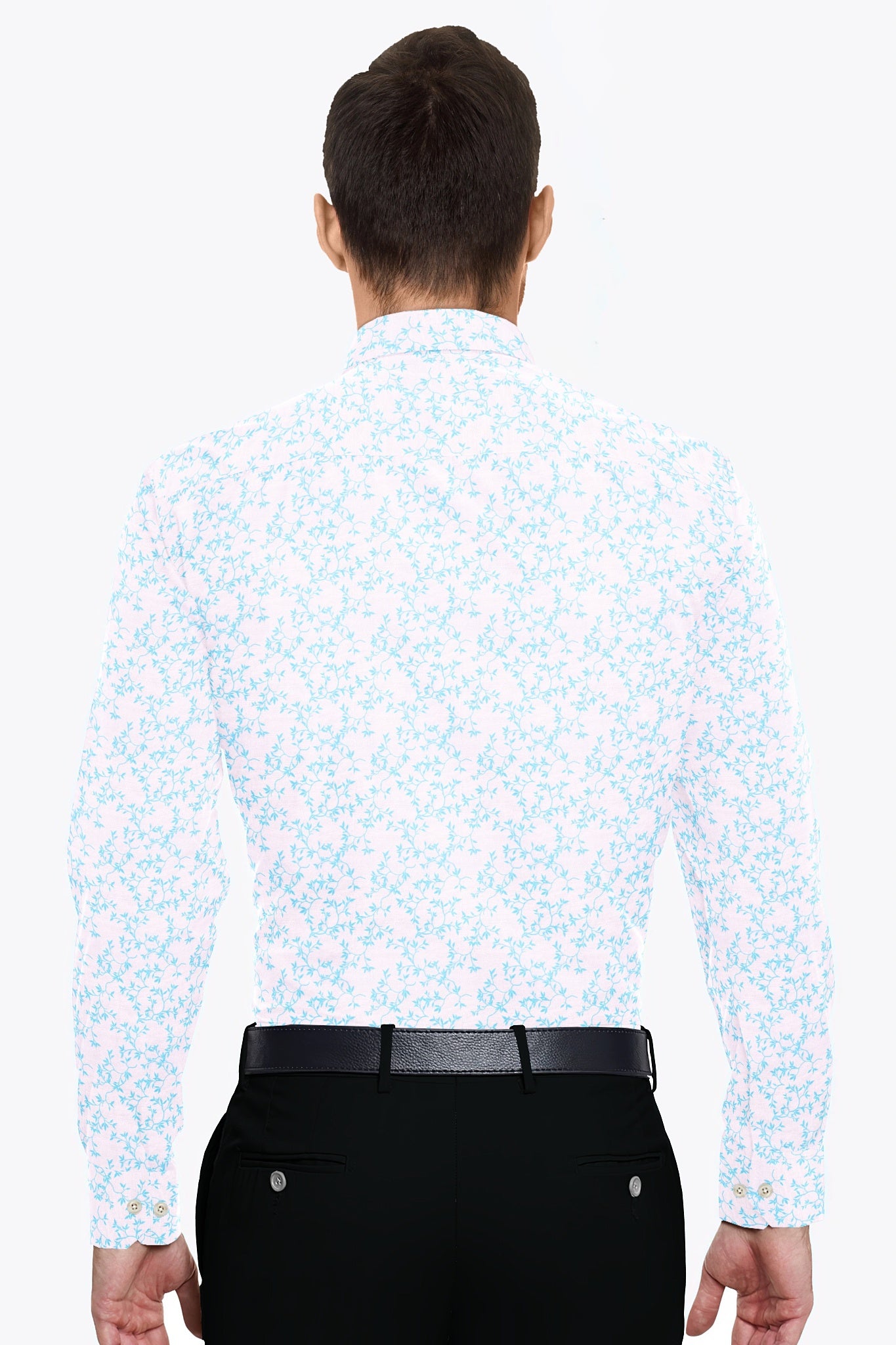 White and Turquoise Blue Pecan Leaf Printed Cotton Shirt