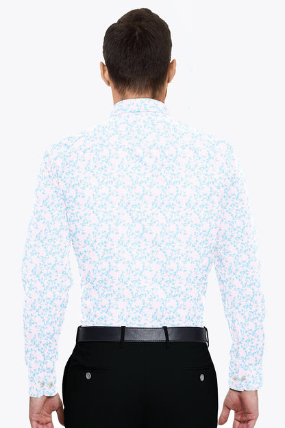White and Turquoise Blue Pecan Leaf Printed Cotton Shirt