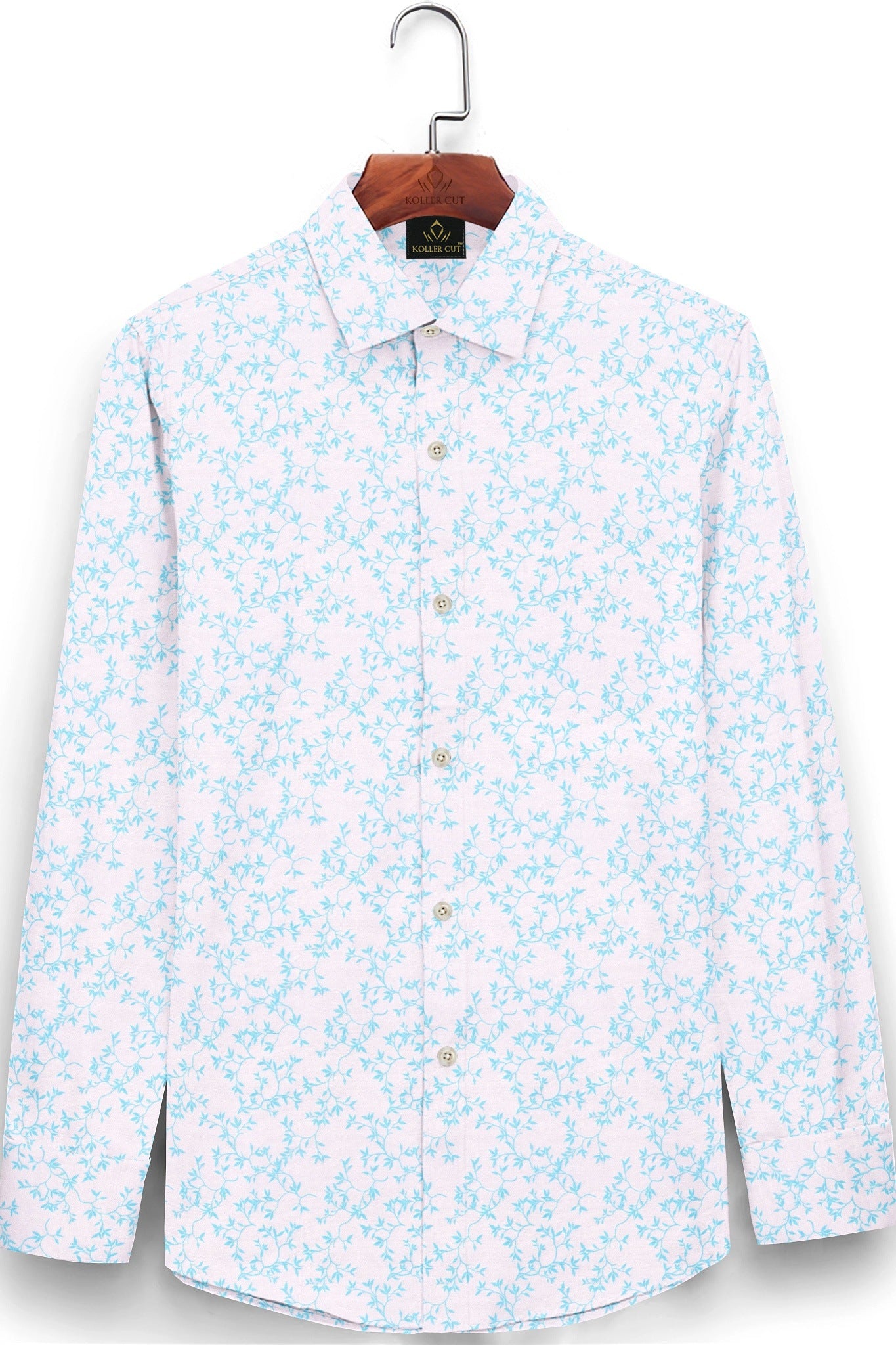 White and Turquoise Blue Pecan Leaf Printed Cotton Shirt