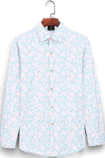 White and Turquoise Blue Pecan Leaf Printed Cotton Shirt