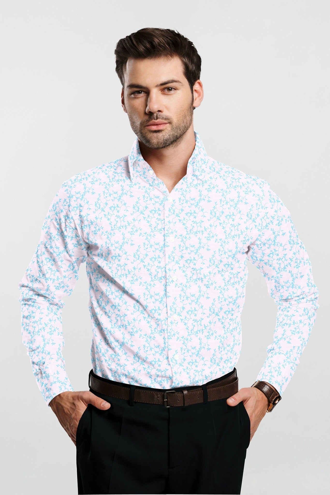 White and Turquoise Blue Pecan Leaf Printed Cotton Shirt