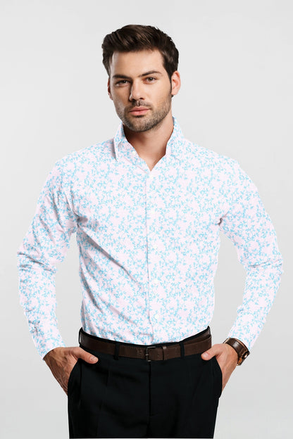 White and Turquoise Blue Pecan Leaf Printed Cotton Shirt