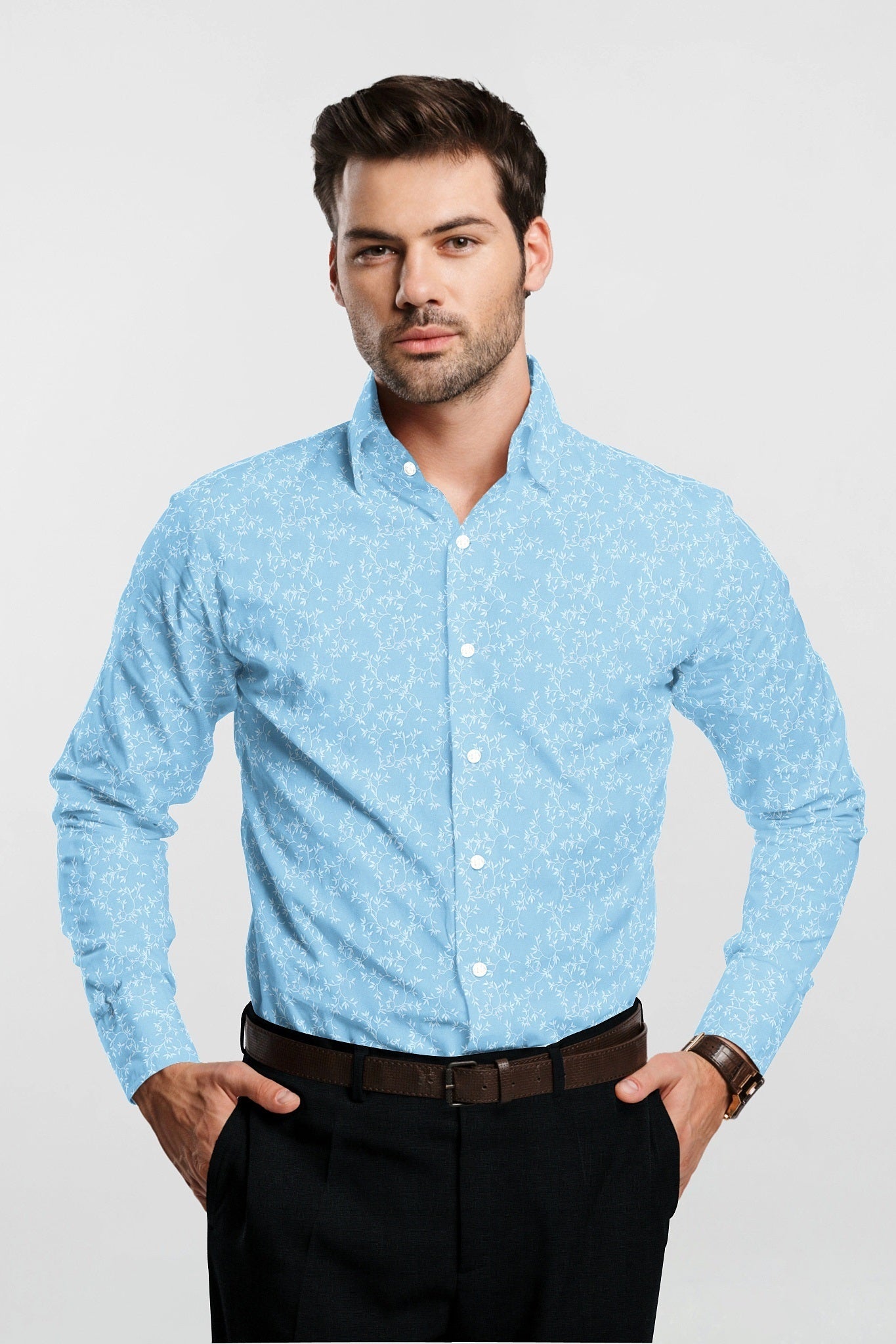 Aquarius Blue and White  Nigella Flower Printed Cotton Shirt