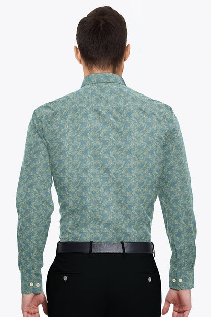 Cadet Blue and Mustard Yellow Nigella Flower Printed Cotton Shirt