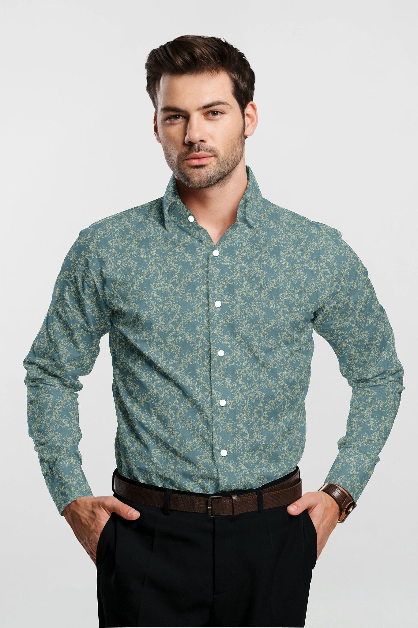 Cadet Blue and Mustard Yellow Nigella Flower Printed Cotton Shirt