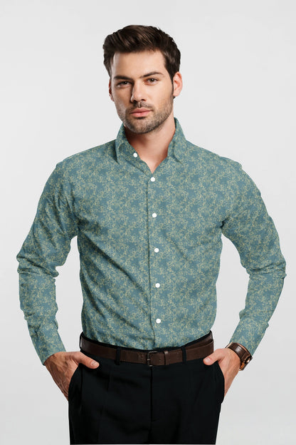 Cadet Blue and Mustard Yellow Nigella Flower Printed Cotton Shirt