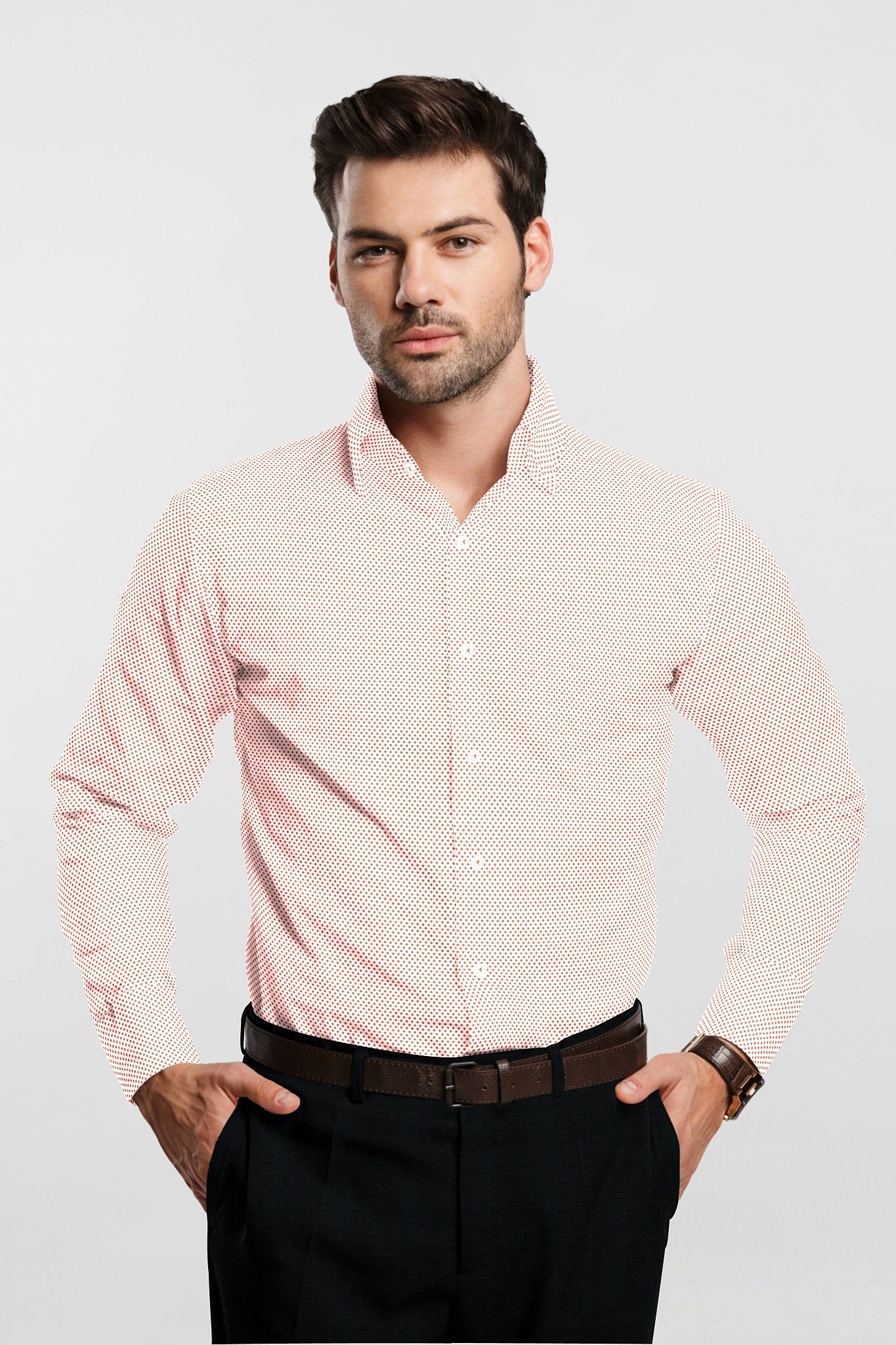 White and Tiger Orange Polka Dot Print Cotton Shirt
