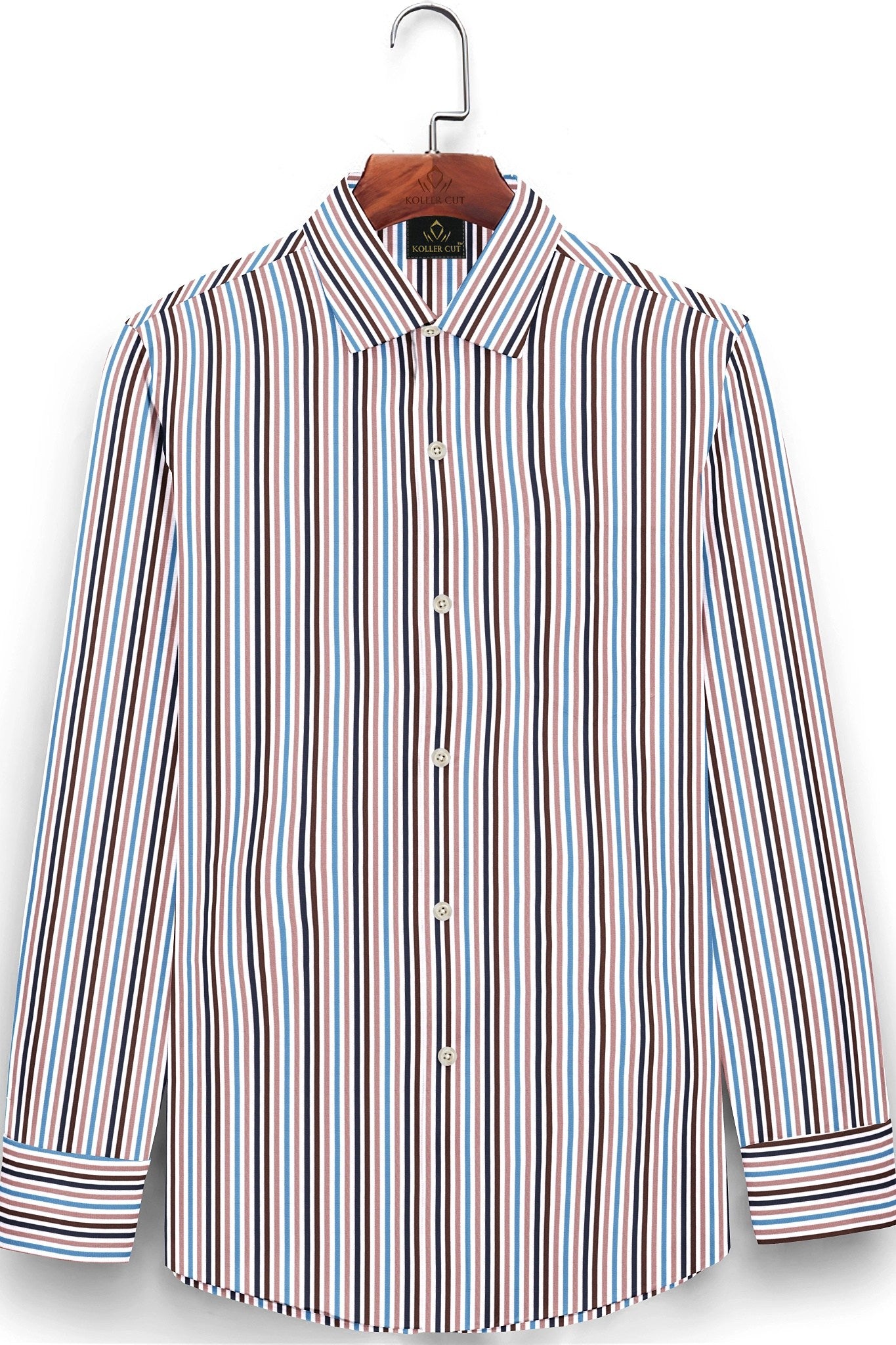 White with Ganache Brown and Quartz Pink Multicolored Stripes Cotton Shirt