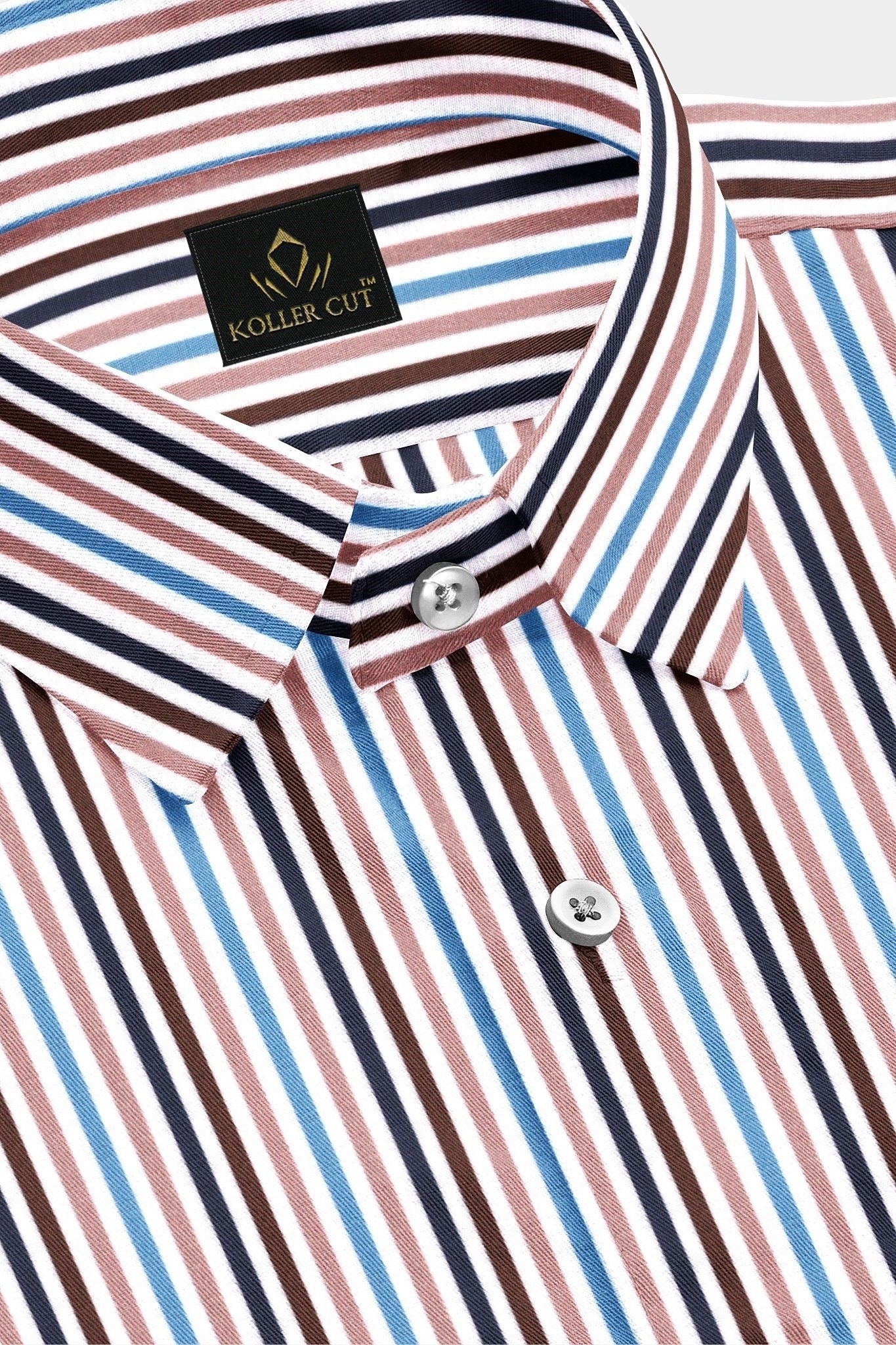 White with Ganache Brown and Quartz Pink Multicolored Stripes Cotton Shirt