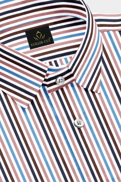 White with Ganache Brown and Quartz Pink Multicolored Stripes Cotton Shirt