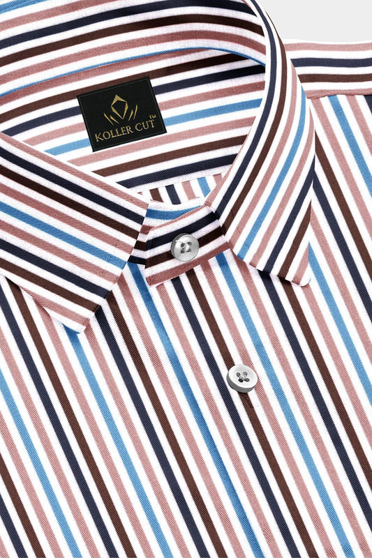 White with Ganache Brown and Quartz Pink Multicolored Stripes Cotton Shirt
