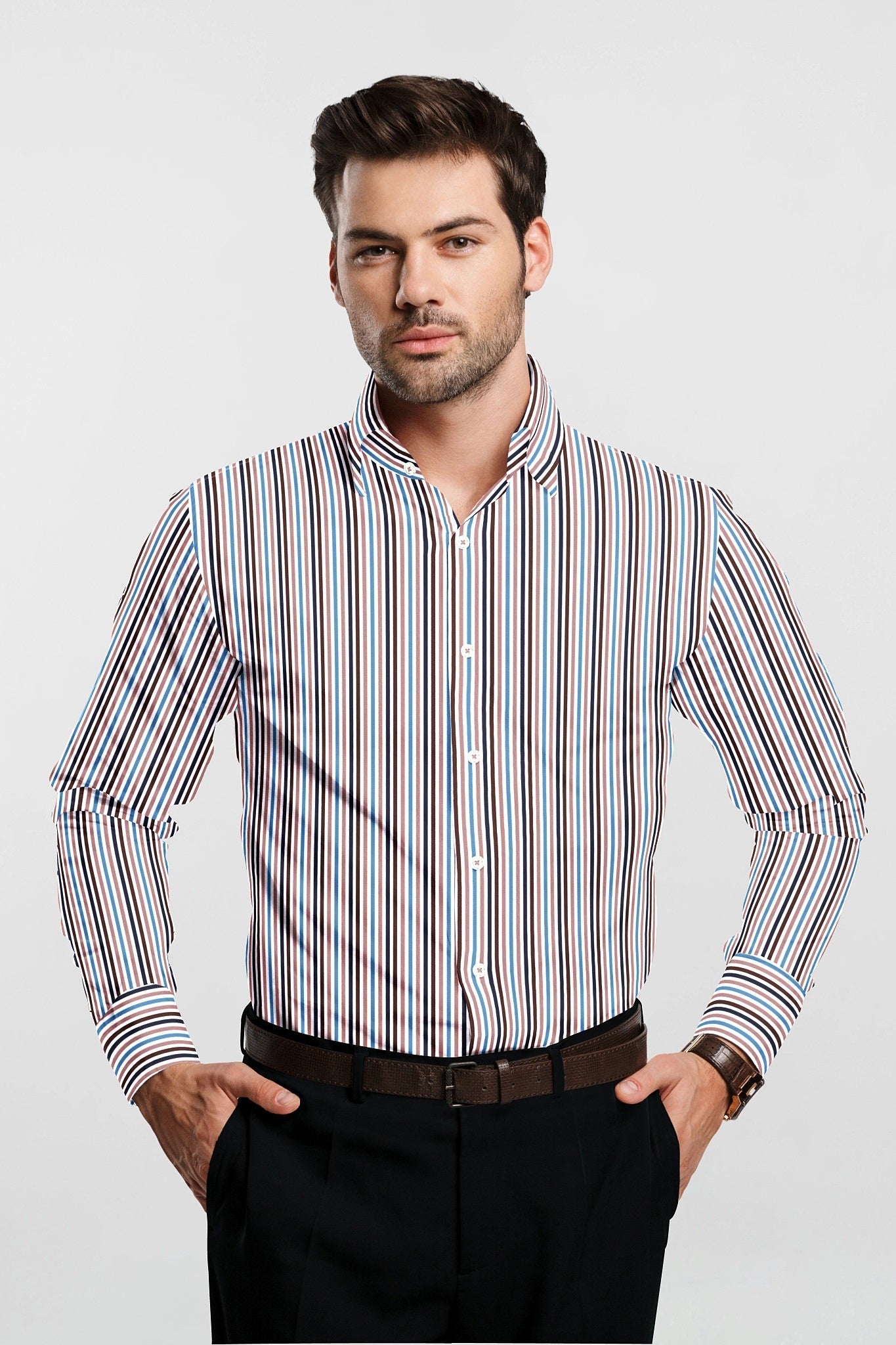 White with Ganache Brown and Quartz Pink Multicolored Stripes Cotton Shirt