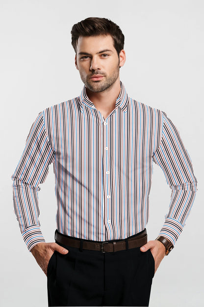White with Ganache Brown and Quartz Pink Multicolored Stripes Cotton Shirt