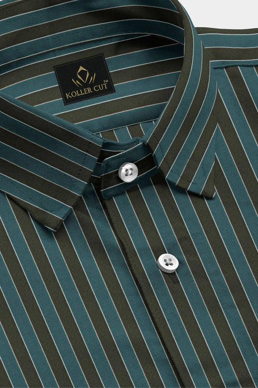 Teal Blue and Ermine Brown Stripes Cotton Shirt