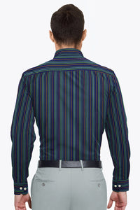 Sapphire Blue with Parakeet Green and Russet Brown Multicolored Stripes Premium Cotton Shirt
