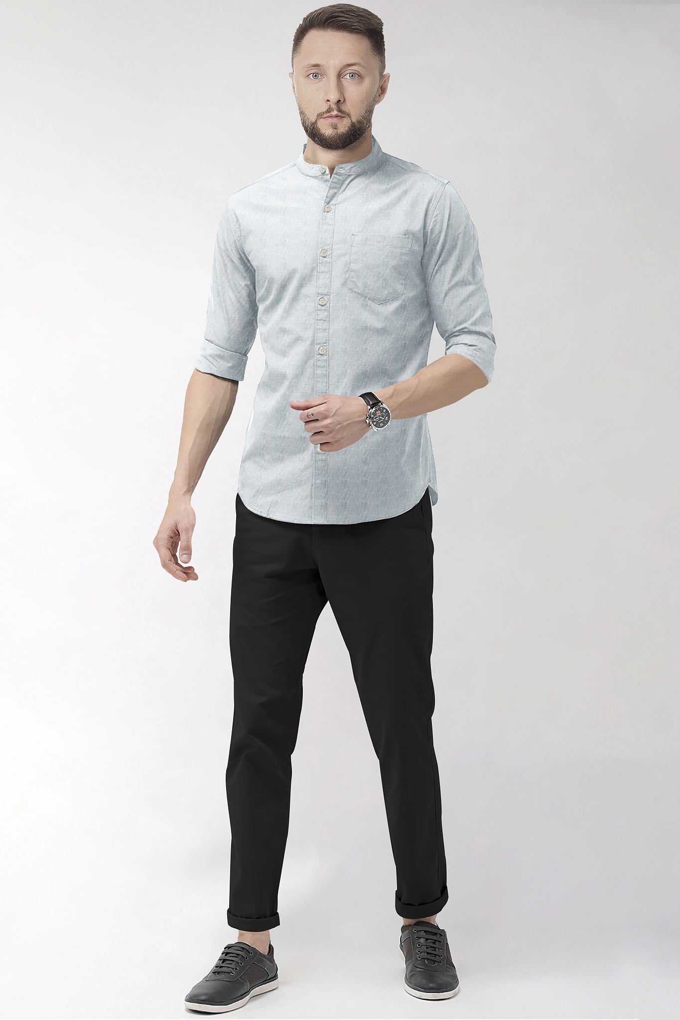 Cloud Grey Mandrin Collar Men's Luxurious Linen shirt