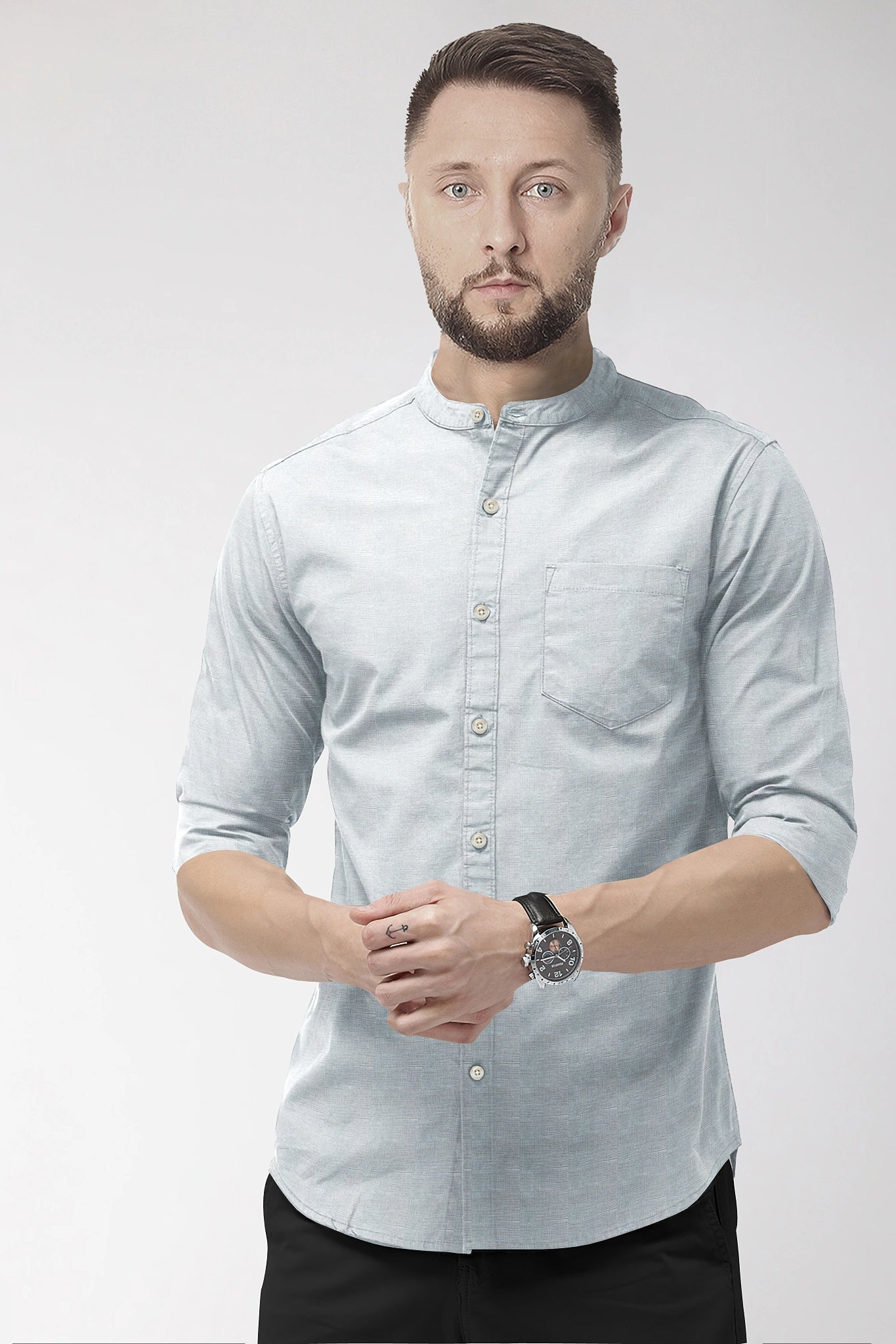 Cloud Grey Mandarin Collar Men's Luxurious Linen shirt