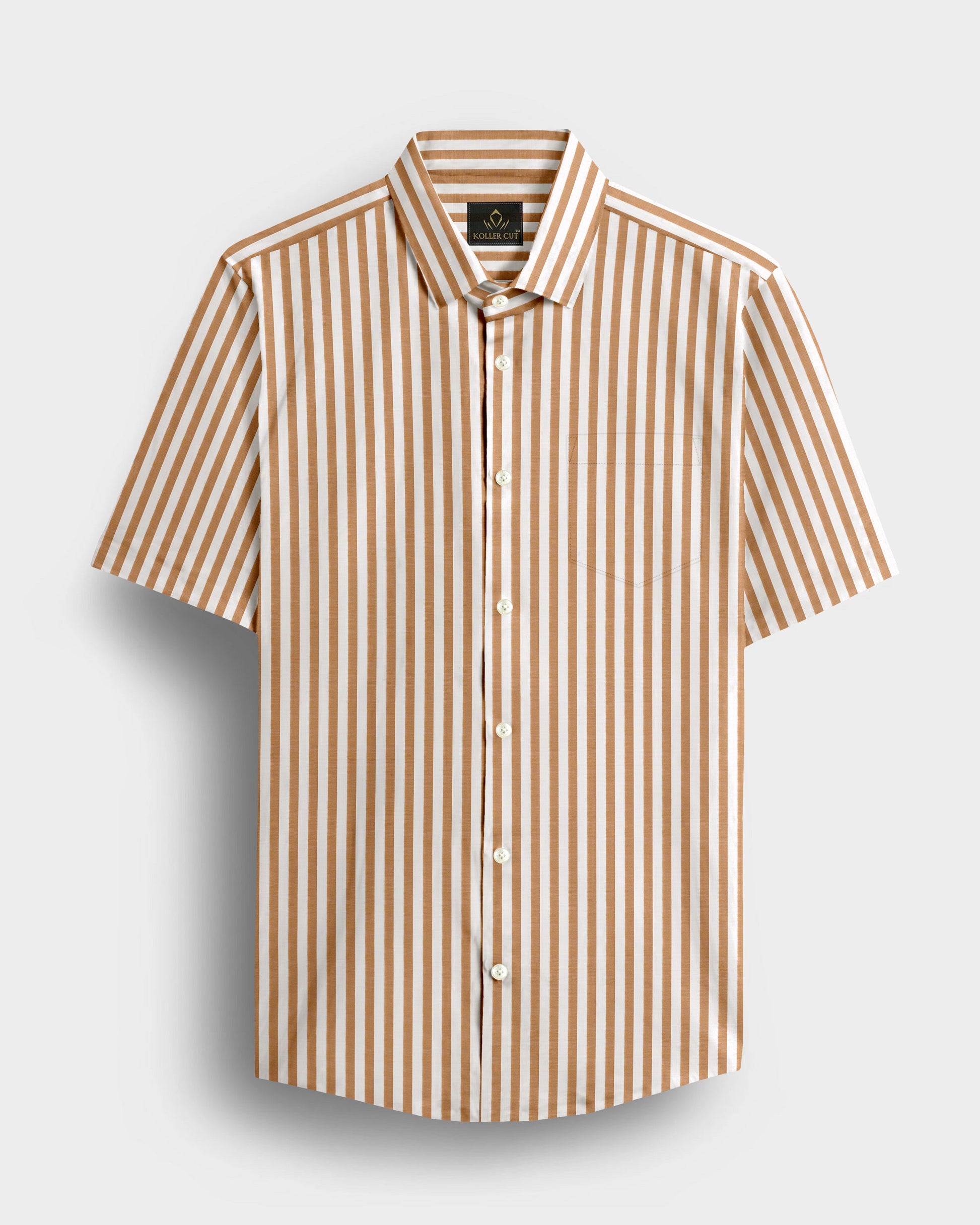 Wheat Brown and Milk White Stripes Oxford Structured Cotton Shirt