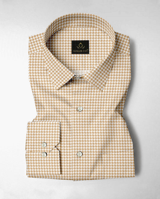 White With Latte Brown Hounds Tooth Checks Cotton Shirt