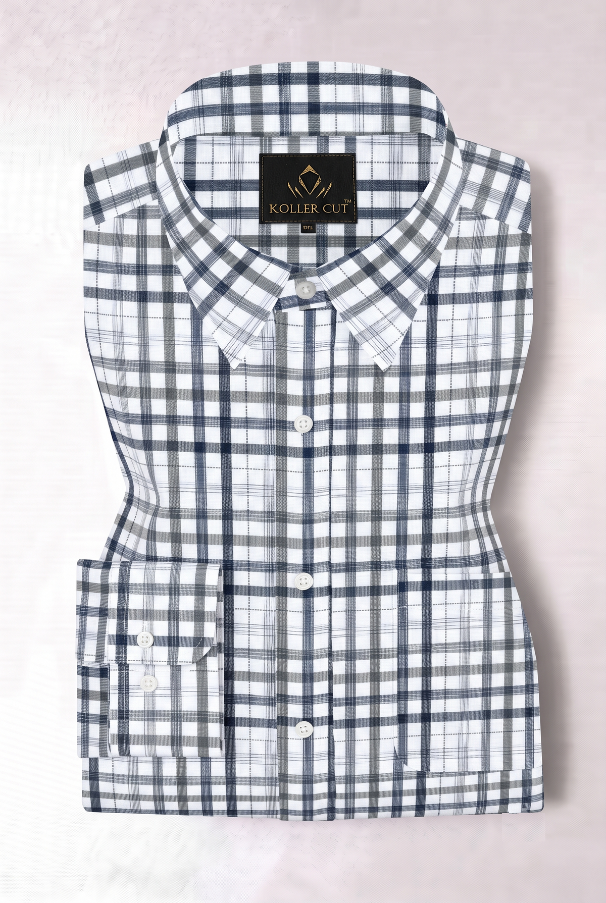 White with Estate Blue and Black Checks Cotton Shirt