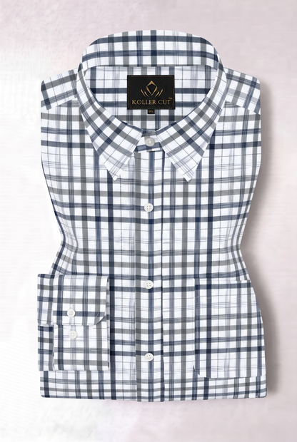 White with Estate Blue and Black Checks Cotton Shirt