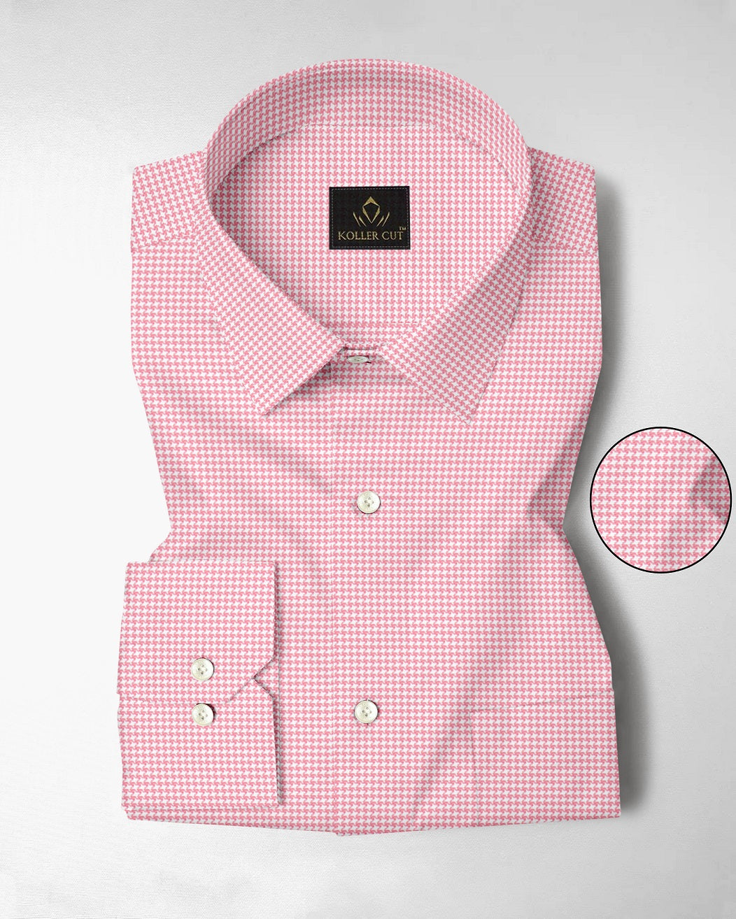 White and Petal Pink Hounds Tooth Checks Cotton Shirt