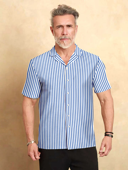 White and Victoria Blue Candy Stripes Cuban Collar Shirt