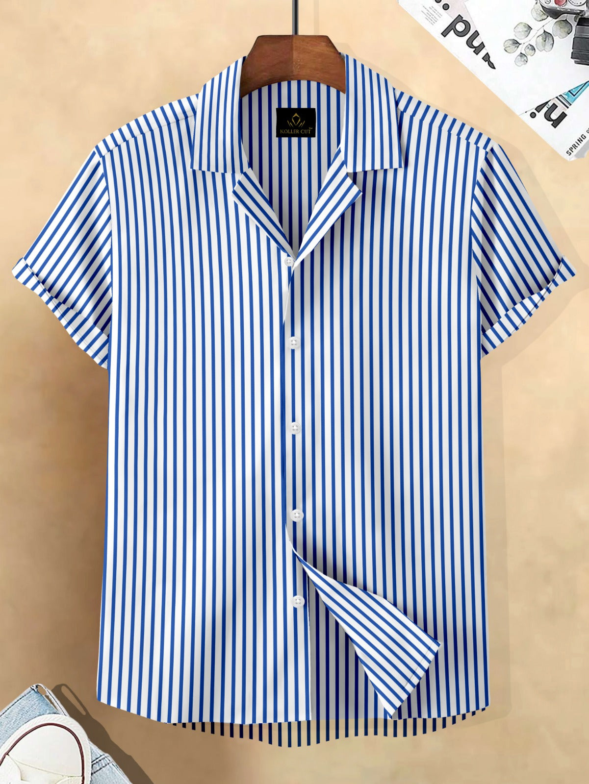 White and Victoria Blue Candy Stripes Cuban Collar Shirt