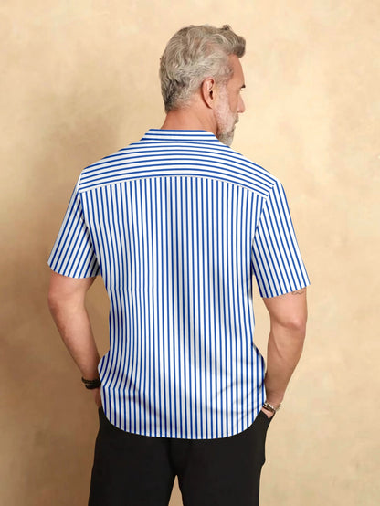 White and Victoria Blue Candy Stripes Cuban Collar Shirt