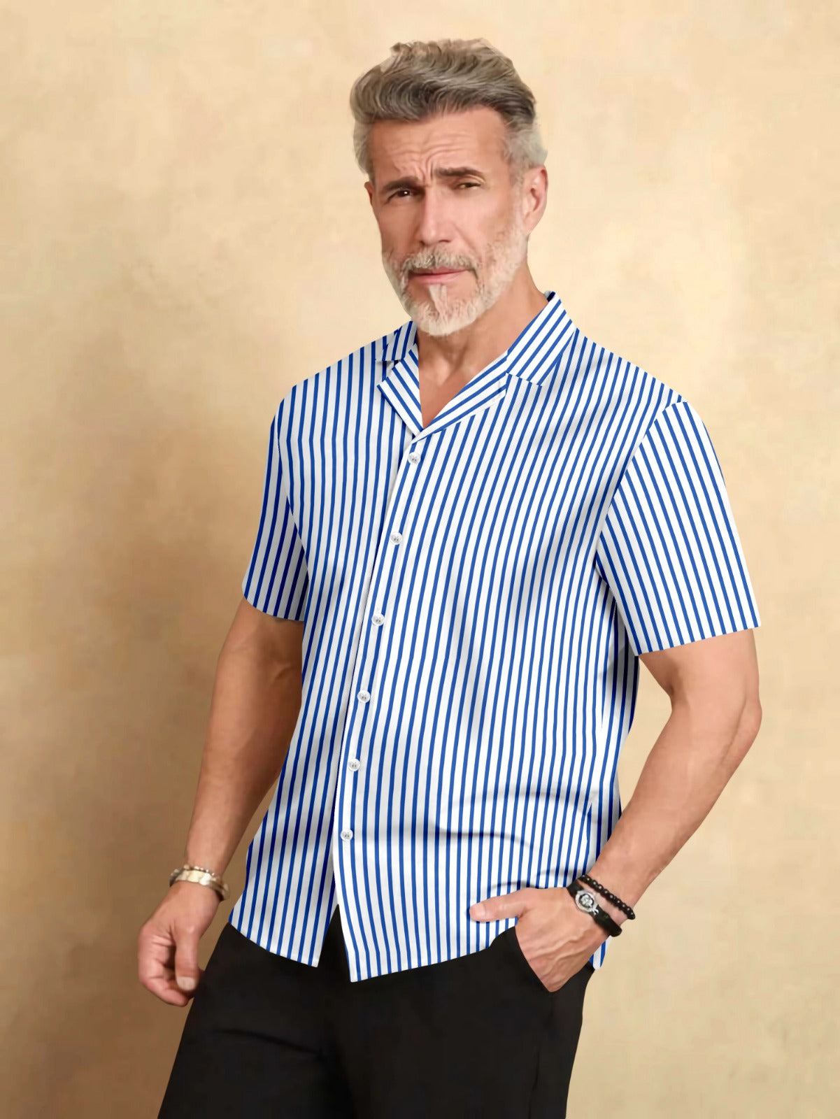 White and Victoria Blue Candy Stripes Cuban Collar Shirt