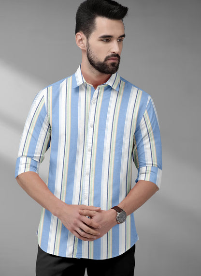 White with Lichen blue and Pistachio Green Dobby Textured Stripes Cotton Shirt - Premium Branded Cotton Shirt in India Plus Size shirt