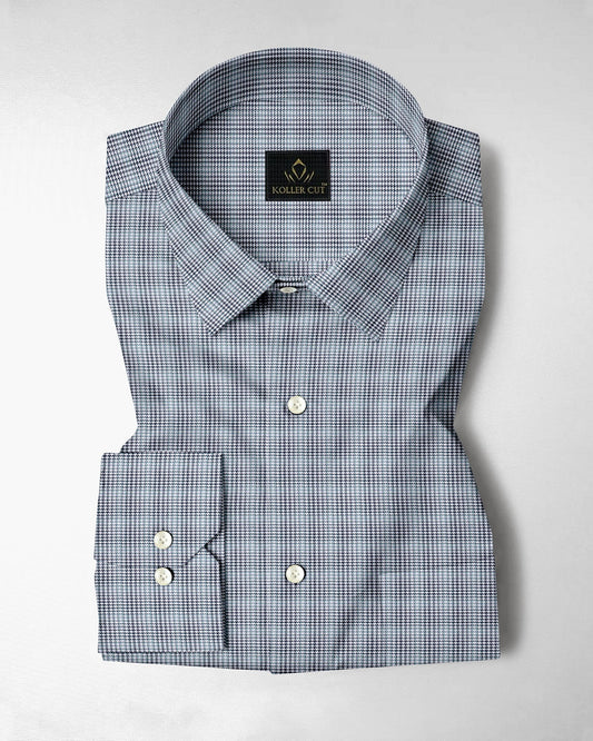 White with Storm Gray and Vintage Blue Hounds Tooth Checks 2 ply Giza Cotton Shirt