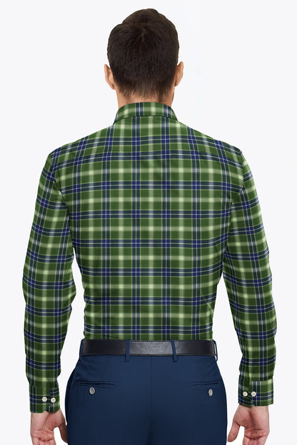 Cactus Green with Lapis Blue and White Checks Cotton Shirt