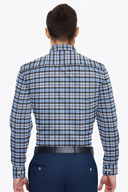 Lichen Blue  with Black and White Checks Cotton Shirt