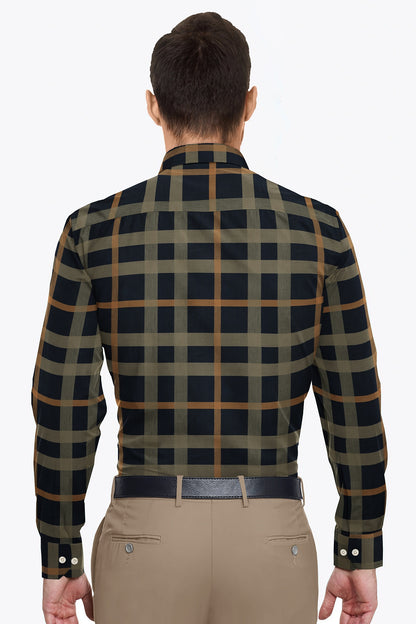 Sodalite Blue with Travertine Cream and Golden Brown Checks Premium Egyltian Giza Cotton Shirt