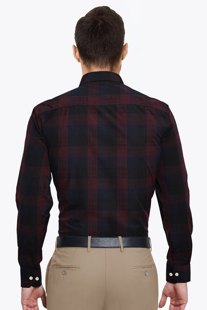 Merlot Red with Black and Monaco Blue Checks Cotton Shirt