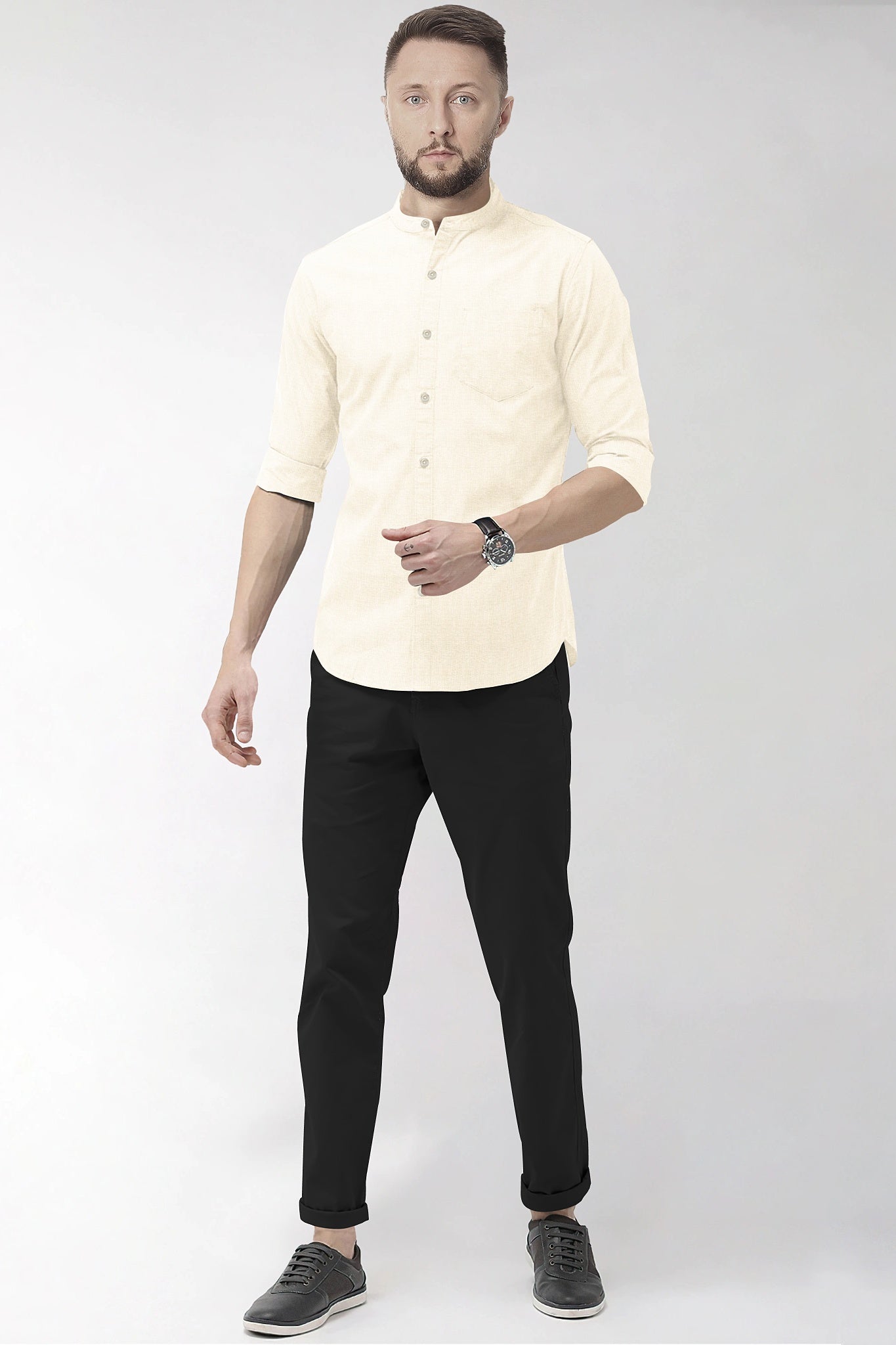Beige Mandarin Collar Luxurious Linen shirt