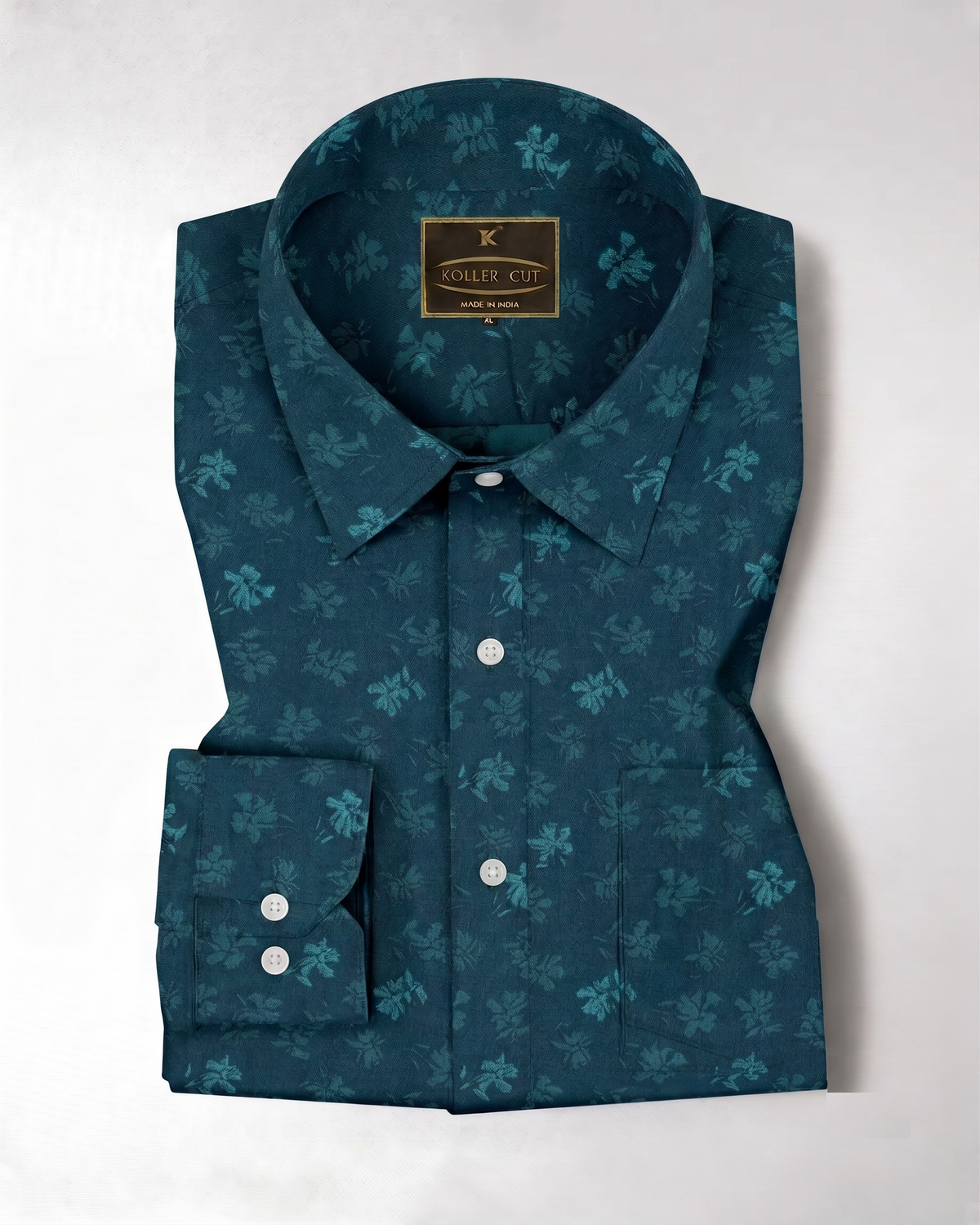 Teal Blue Canna Flower Jacquard Print Egyptian Giza Cotton Shirt