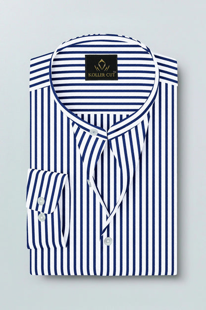 White and Victoria Blue Candy Stripes Mandarin Collar Cotton Shirt-Formal Cotton Shirt in India