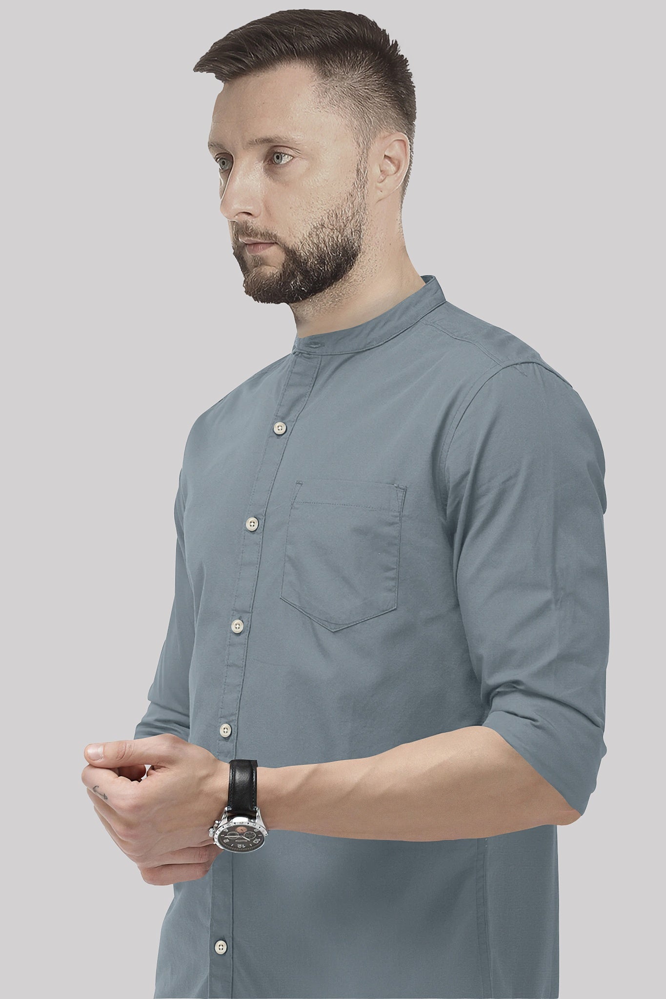 Grey Mandarin Collar Giza Cotton Shirt