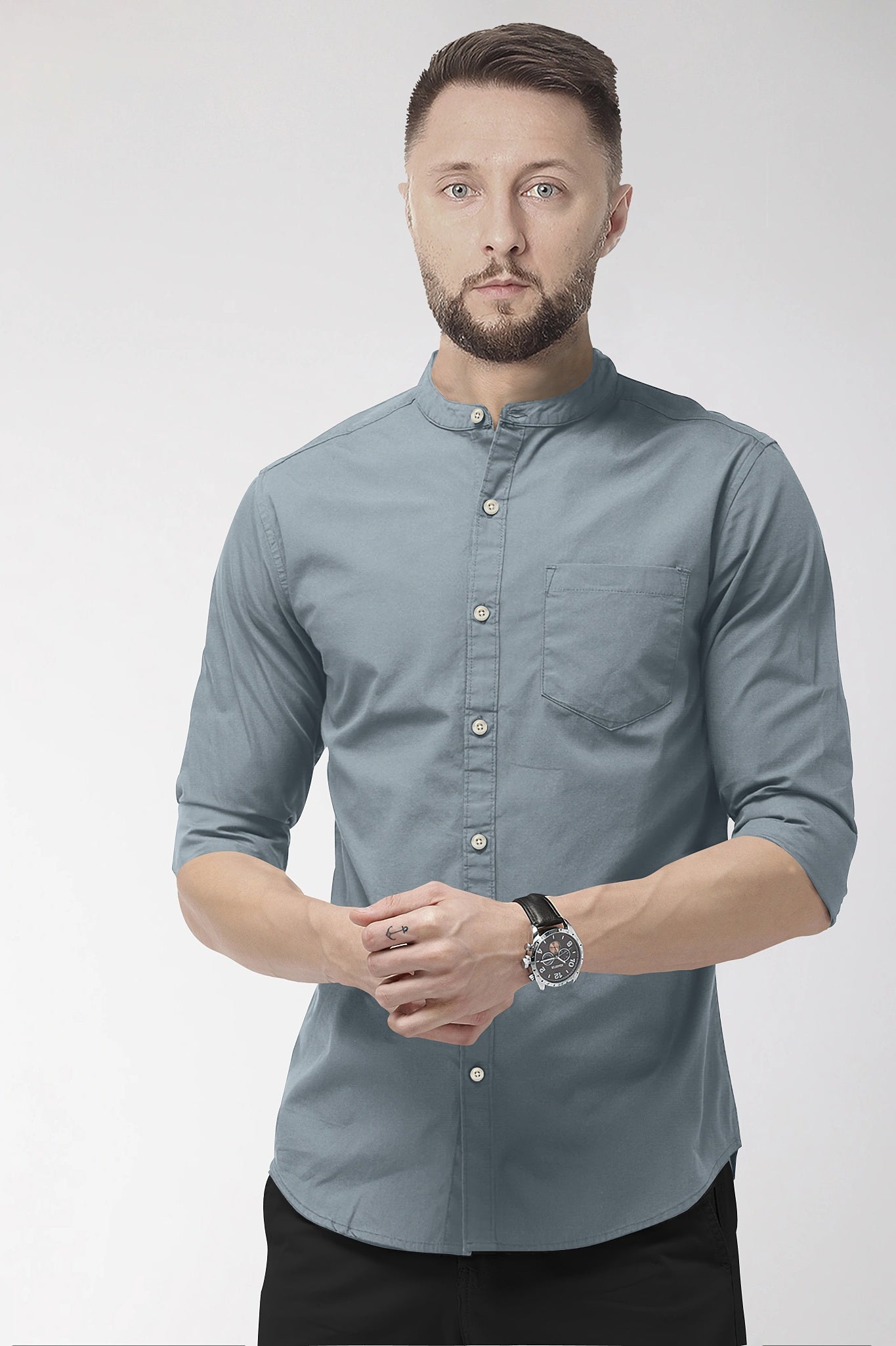 Grey Mandarin Collar Giza Cotton Shirt