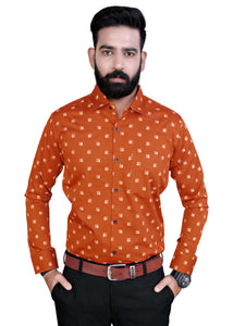 Orange Printed Cotton Fit Shirt
