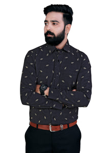 Black Leaves Printed Textured Premium Cotton Shirt