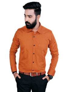 Orange with Black Pinstriped Regular Cotton Fit Shirt