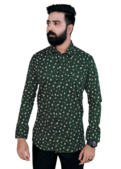 Dark Green Printed Textured Cotton Shirt